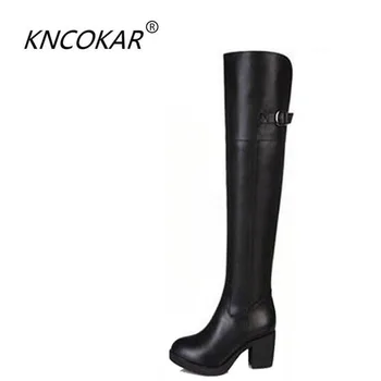

The new 2017 high quality fashion show high boots shoes Middle heel thick heel side zipper single boots free shipping