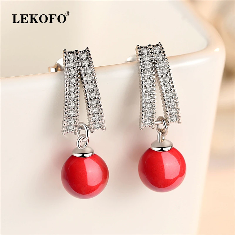 

LEKOFO Elegant Red Pearl Earrings Luxury Jewelry For Women Geometric Shape Crystal 925 Sterling Silver Stud Earrings