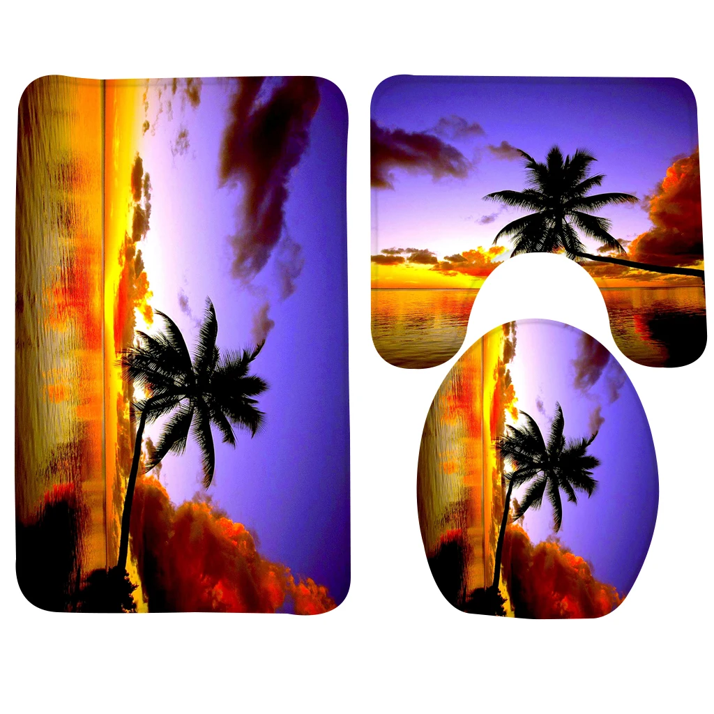 3pcs Bathroom Mat Set Beach Sunset Palm Tree Bath Rug Soft Toilet Mat