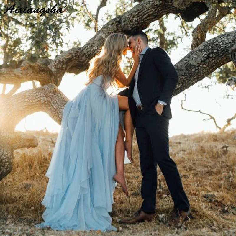 Романтические свадебные платья с v-образным вырезом с разрезом, шифоновое платье небесно-голубого цвета, Деревенское летнее свадебное пляжное платье