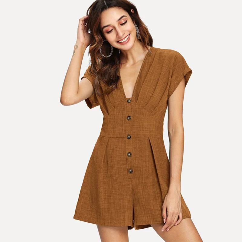 Sexy Deep V-Neck Casual Button Soild Rompers Women Loose Simple Short Sleeves Jumpsuits Fashion Slim Waist Ladies Playsuits New Sexy Deep V-Neck Casual Button Soild Rompers Women Loose Simple Short Sleeves Jumpsuits Fashion Slim Waist Ladies Playsuits New