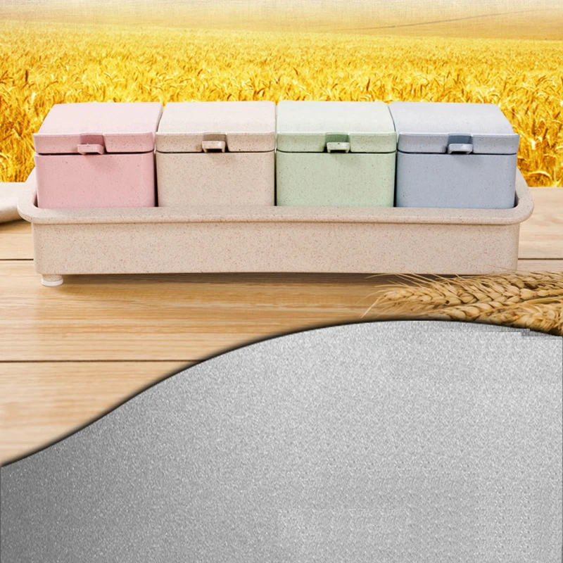 4pcs/Set Wheat Straw Plastic Spice Jar With Rack Colorful Seasoning Box Storage Container Condiment Jar Kitchen Accessories