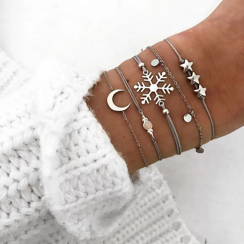 

5 Pcs/ Set Personality Snowflake Star Moon Gem Round Pendant Silver Leather Chain Bracelet Set Women Fashion Jewelry Accessories