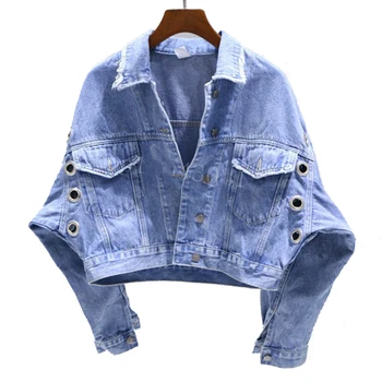 

Spring Female Batwing Sleeve female jacket Black Blue Rivet Denim Jacket Student Harajuku BF female bomber Jeans Coat