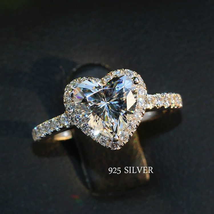 Милое женское кольцо с большим сердцем, кристалл, AAA, циркон, камень, обручальные кольца для женщин, 925 пробы, серебро, обручальное кольцо, подарки на год