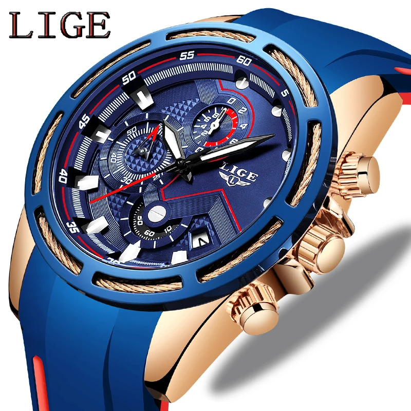 

Reloje LIGE Fashion Mens Watches Top Brand Luxury Silicone Strap Chronograph Quartz Watch Men Casual Waterproof Sport Watch+Box