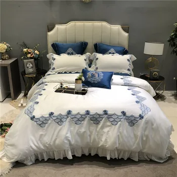 

4/7Pcs Chic Embroidery Ruffle Duvet Cover set Egyptian Cotton Ultra Soft Queen King Size Luxury Bedding Set Flat Bed sheet set
