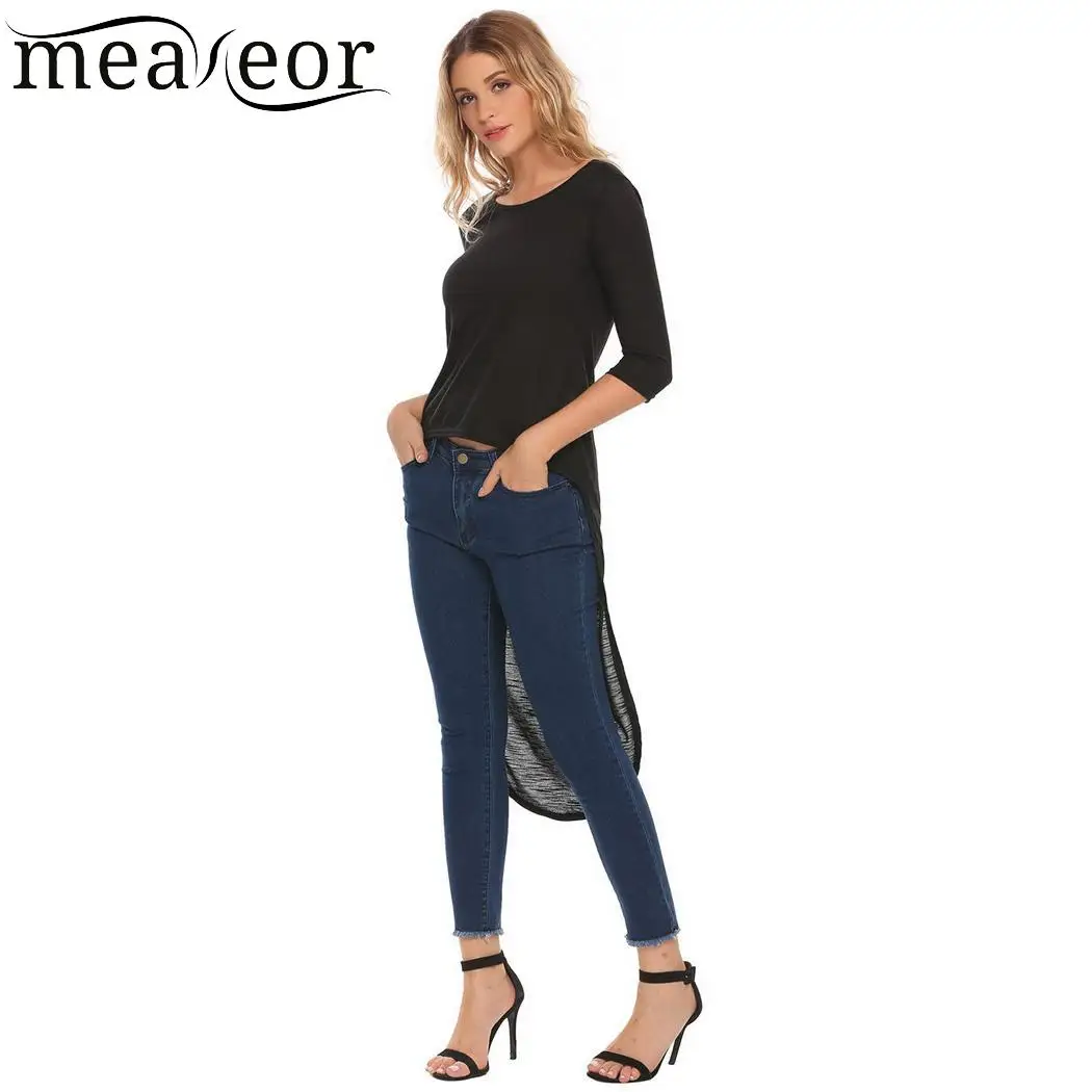 meaneor Tops Casual O-Neck 3/4 Sleeve Solid Long Asymmetrical Hem Sexy T-shirt Women meaneor Tops Casual O-Neck 3/4 Sleeve Solid Long Asymmetrical Hem Sexy T-shirt Women