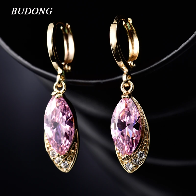

BUDONG Fashion Long Oval Drop Earing for Women Silver/Gold-Color Dangle Earring Pink CZ Zircon Crystal Wedding Jewelry XUE016