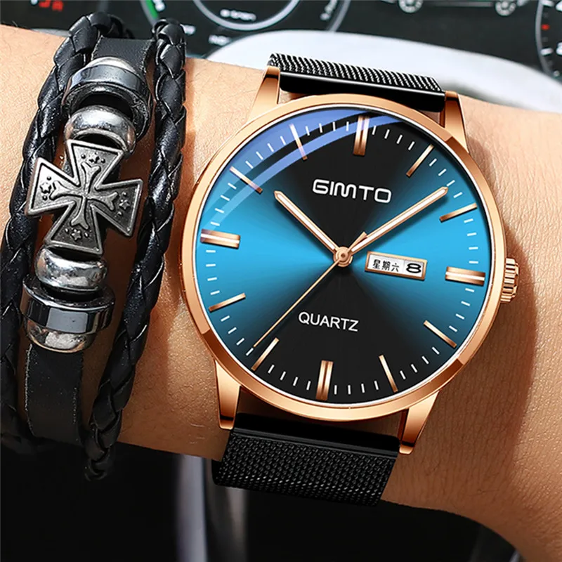 

GIMTO New Watches Mens Quartz Watch Luxury Brand Ultra Thin Dial Sports Wristwatch Man Waterproof Week Clock Relogio Masculino