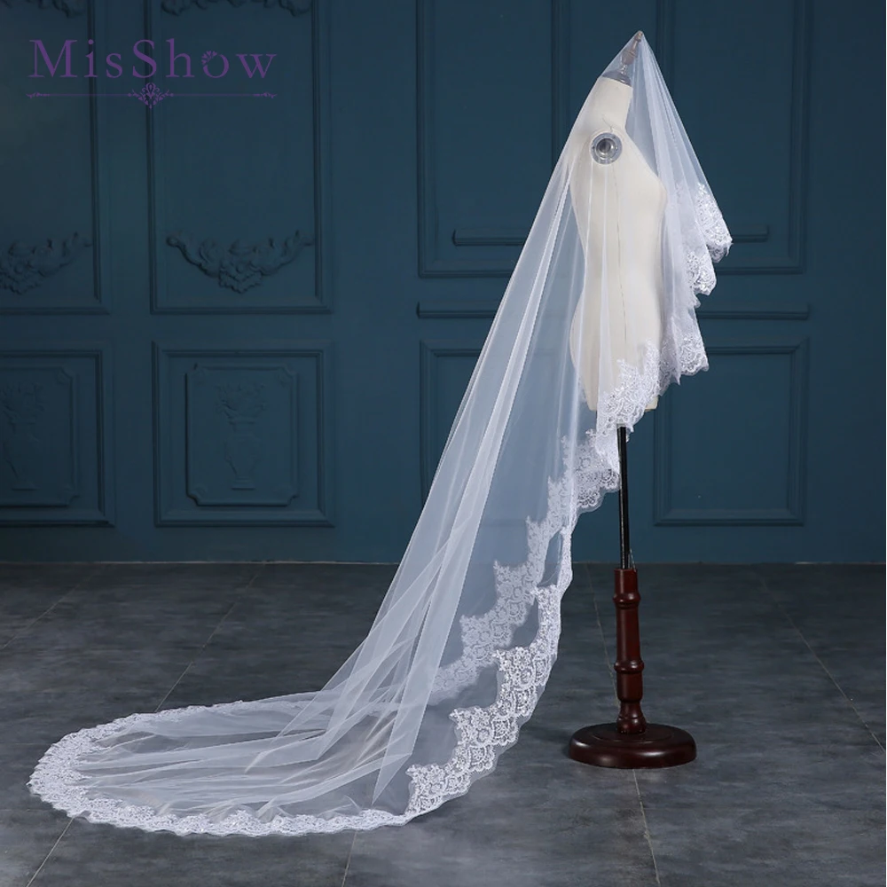 

3 M Long Cheap White/Ivory Wedding Veil 2019 Cathedral Lace Edge With Seuins Wedding Accessories Veu De Noiva Longo Without Comb