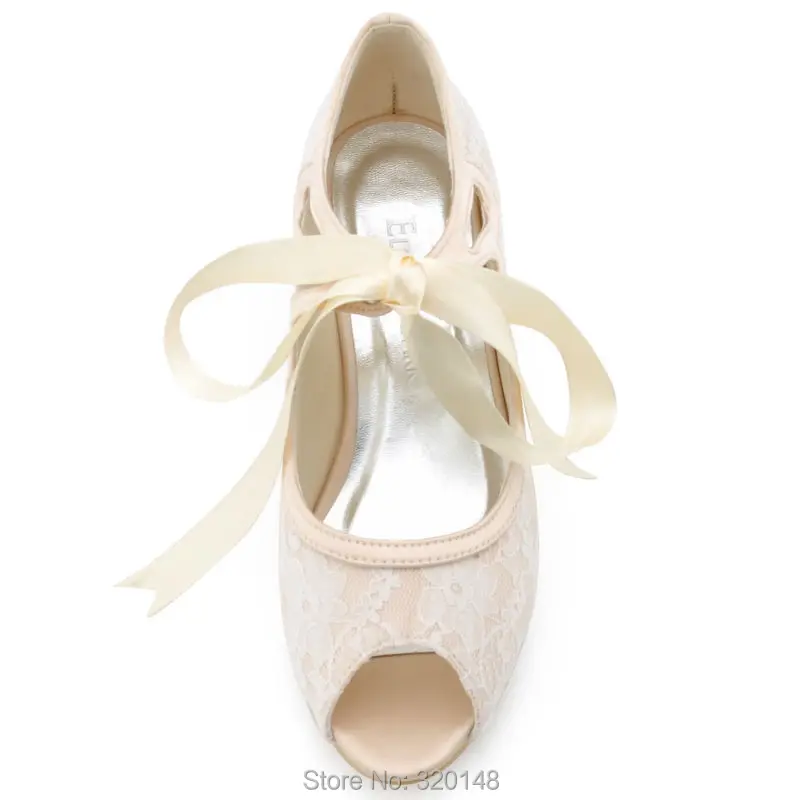Hp1522 Для женщин открытый носок Мэри Джейн ленты завязываются на среднем каблуке Кружево Леди невесты Свадебная обувь для невесты вечернее Насосы шампанское