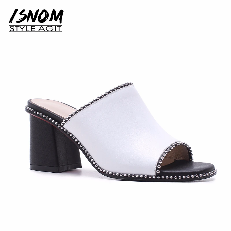 

ISNOM Fashion High Heeled Women Slippers Genuine Leather Rivet Open Toe Slides Footwear 2018 Summer Female Casual Mules Shoes