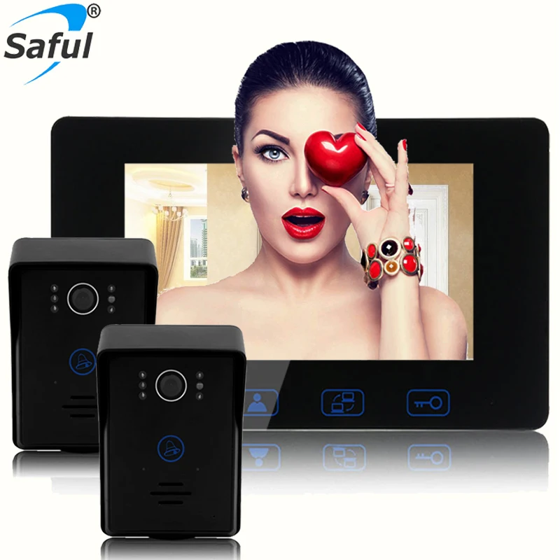 

Saful 7" Color Screen Wired Video Door Phone Intercom System Night vision unlock function 2 Waterproof Door Camera + 2 Monitor