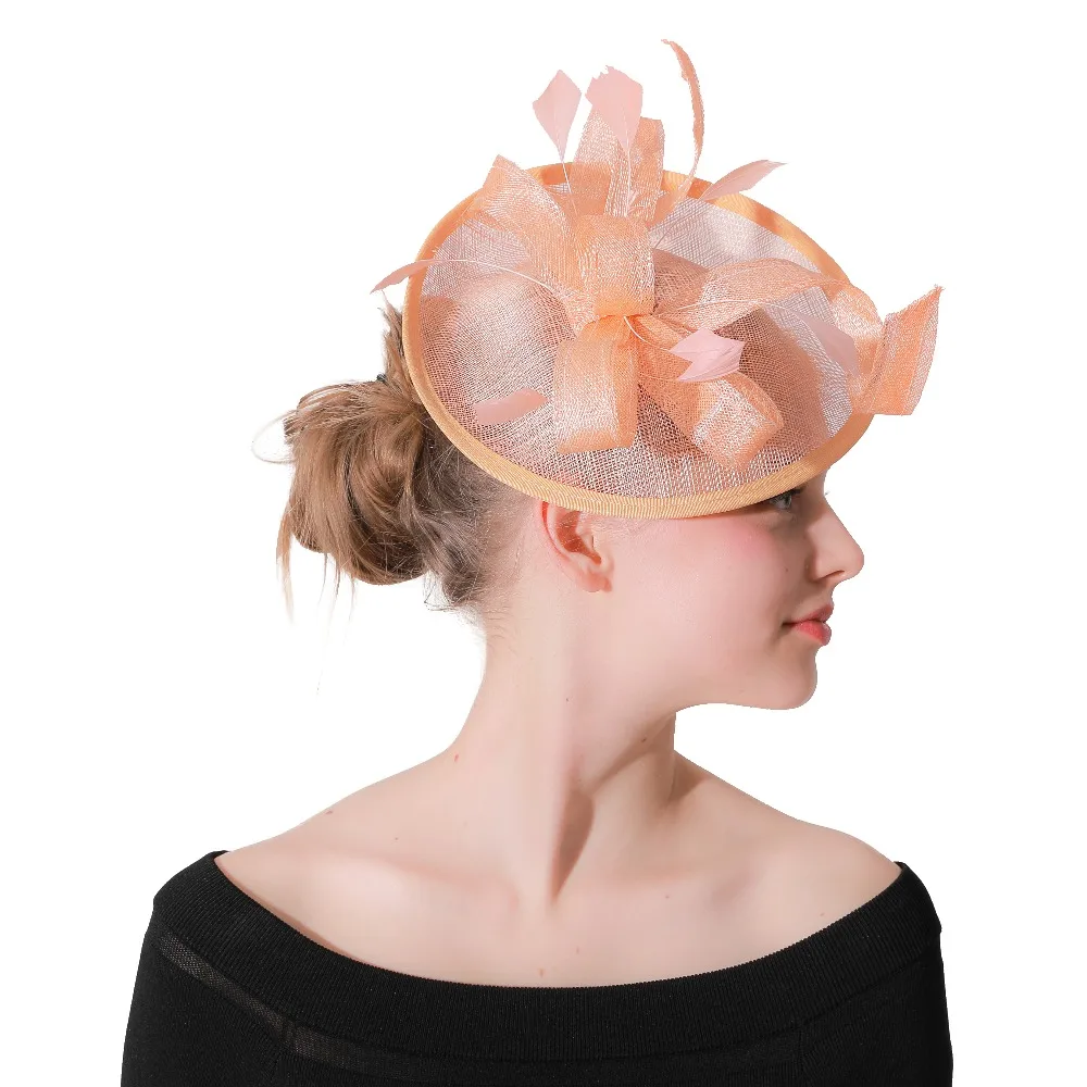 

Champagne sinamay fascinators wedding hats bridal married feather headwear women elegant party tea royal hair accessories XMF96