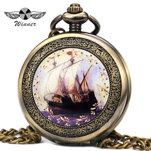 WINNER Fashion Vintage Unisex Pocket Watch Mechanical Skeleton Dial Ancient Sail WINNER Fashion Vintage Unisex Pocket Watch Mechanical Skeleton Dial Ancient Sail