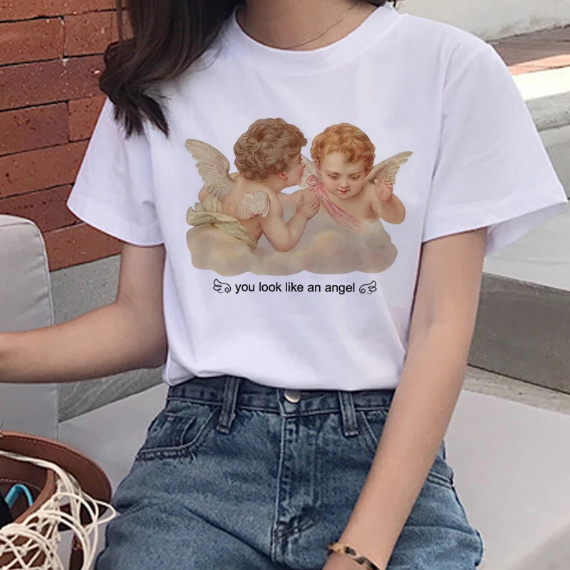 Harajuku Angel Kawaii Футболка женская Ullzang симпатичная Детская футболка с ангелами 90s