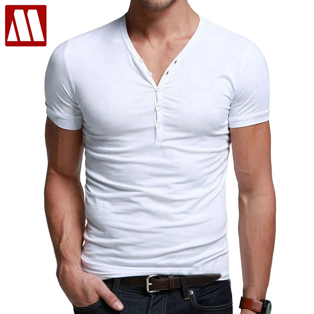 Мужские облегающие футболки, летние хлопковые футболки, мужские повседневные майки, облегающие футболки с v-образным вырезом и пуговицами, футболки с коротким рукавом, большие размеры S-3XL