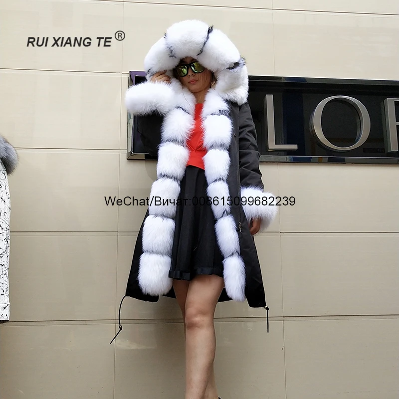 

New brand women real fur parka for long winter natural fox parka jacket with hood long fur coat for women RuiXiangTe
