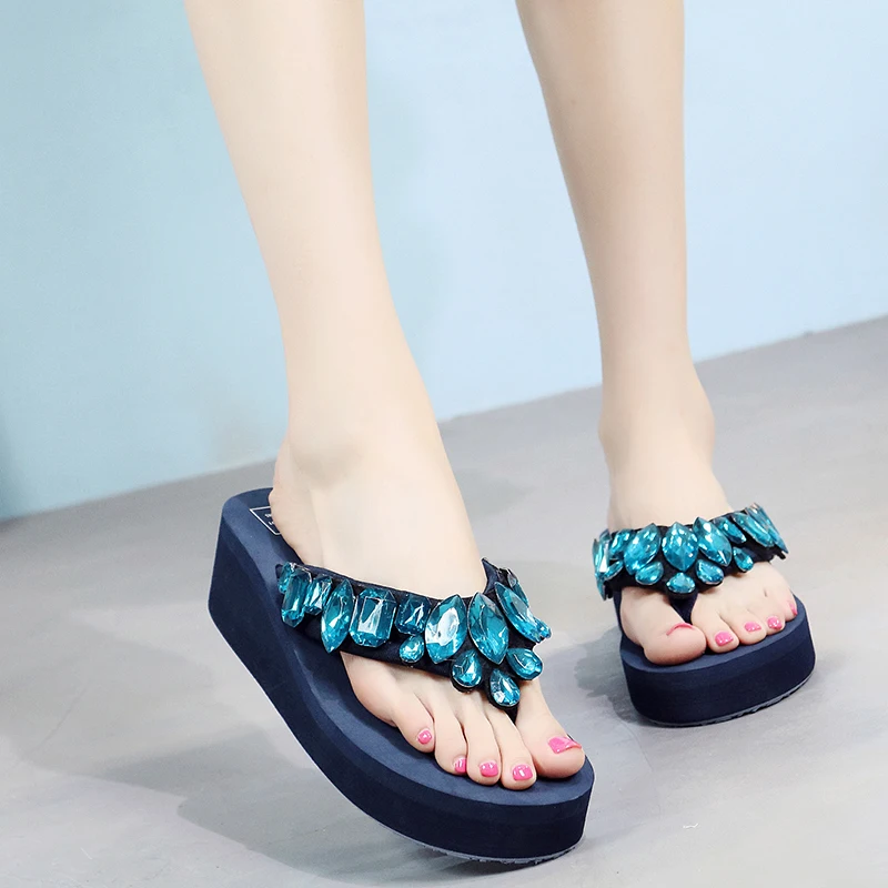 

Elegant Rhinestone Jade Flip Flops lady Fashion noble Luxury Slippers Woman Summer Cozy Beach Sandals Women Shoes Mules