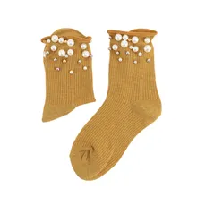 Креативный дизайн, Женские однотонные хлопковые дышащие обжимные жемчужные носки ручной работы, украшенные бисером, в полоску, с высоким ворсом носков, Харадзюку