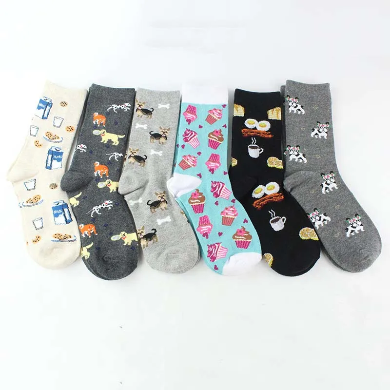Женские милые носки с героями мультфильмов; забавные носки для девочек с изображением кофе, бекона, молока, печенья, Пончика, ежика, бульдога; модные носки для студентов
