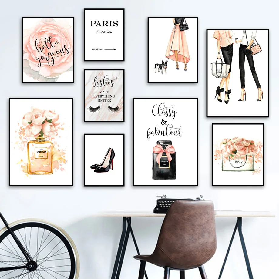 

Paris High Heel Fashion Gil Flower Wall Art Canvas Painting Nordic Posters And Prints Watercolor Wall Pictures For Living Room