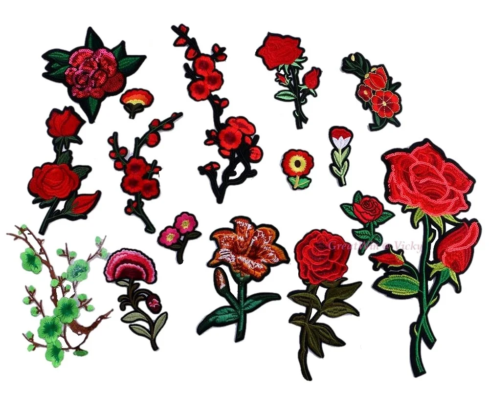 

Red Rose Flower Branch Leaf Iron-on Brand Patches Sew-on Embroidery Patch Motif Applique Women DIY Clothes Petal Decoration