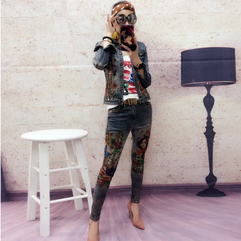 

2019 Spring Autumn New Printed Jeans Denim Two Piece Set Women's Slim Denim Coat+Jeans Pants Suit Sets Ladies Elastic Jeans Sets