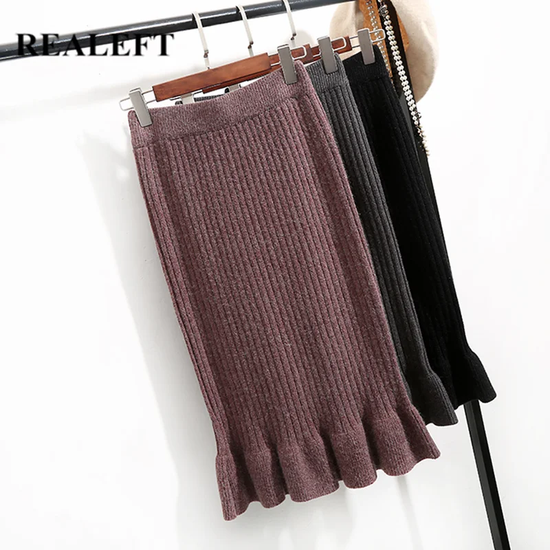 REALEFT осеннее теплое женское трикотажное элегантное миди юбка-карандаш с высокой талией Harajuku Тюлевое Облегающее фигуру платье юбки для женщин