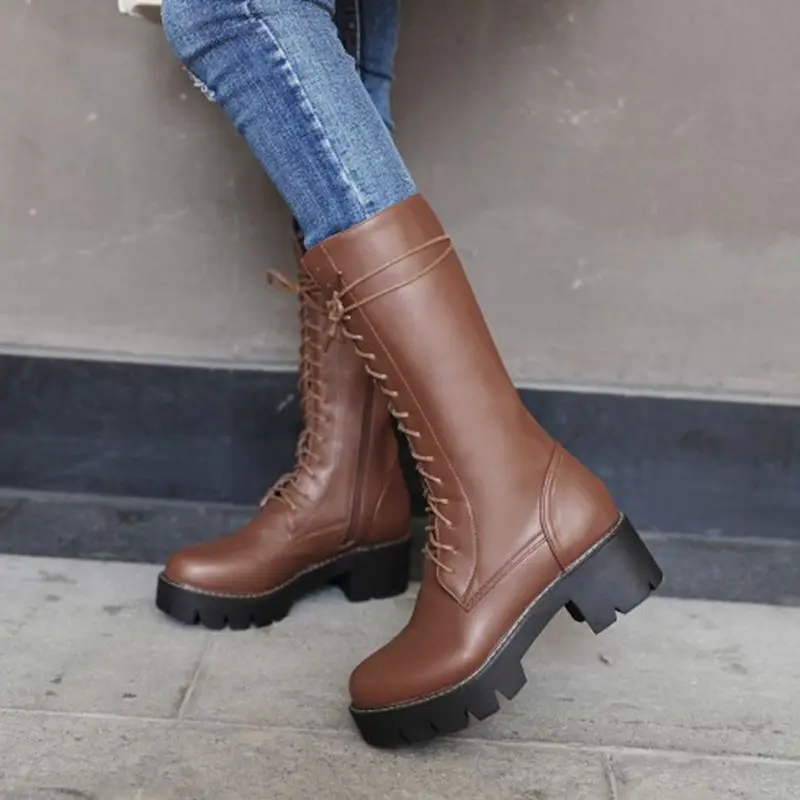 BLXQPYT Elegant Fashion Plus Size 34-43 Women Knee boots Autumn Winter Round Toe Martin knight Boots platform Shoes Woman M181