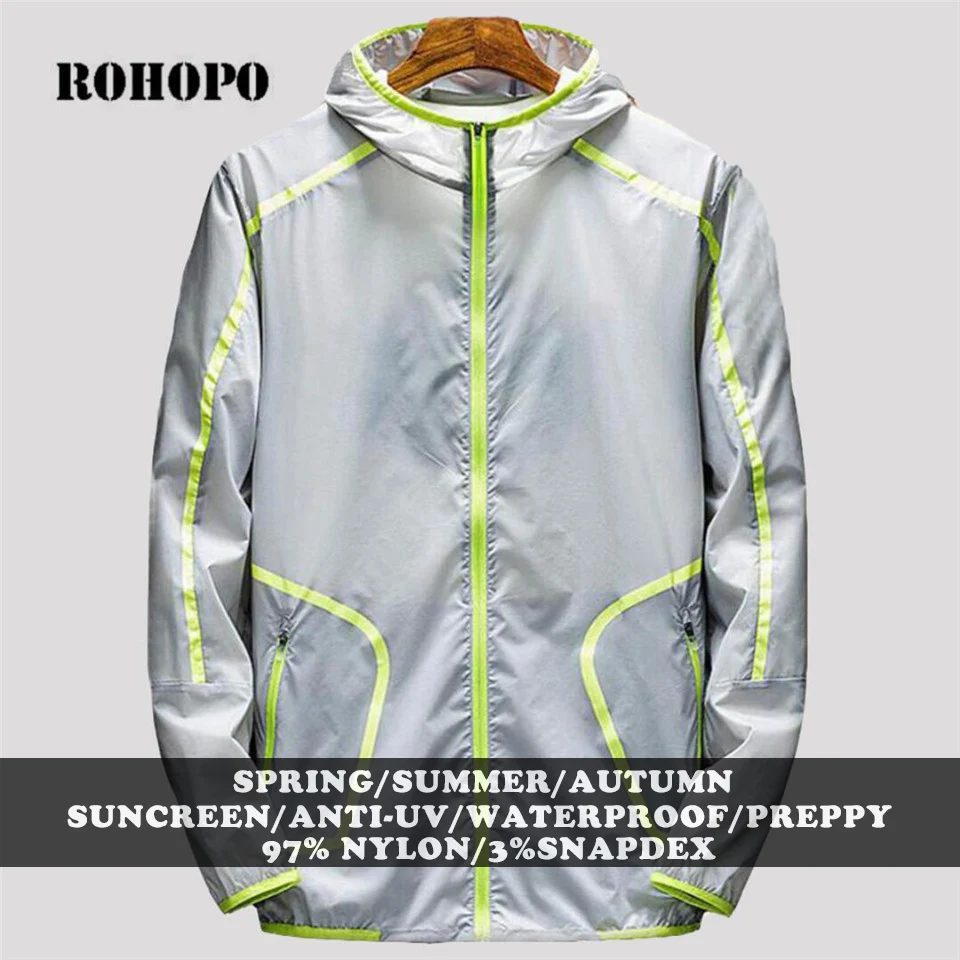 

ROHOPO Jacket Spring Men Sportswear Sunscreen skin jackets Man Summer Man Waterproof Jacket Solid Male Sunscreen Hooded Outwear