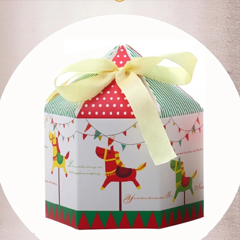 

(20 pieces/lot) Merry-Go-Round Candy Box With Red Ribbon Hexagon Design Carousels Cookie Box Christmas Box Birthday Gift B014