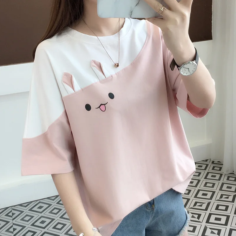 Гранж эстетический ulzzang friends harajuku rabbit tee kawaii футболки женские футболки размера плюс Топы корейские - Цвет: pink