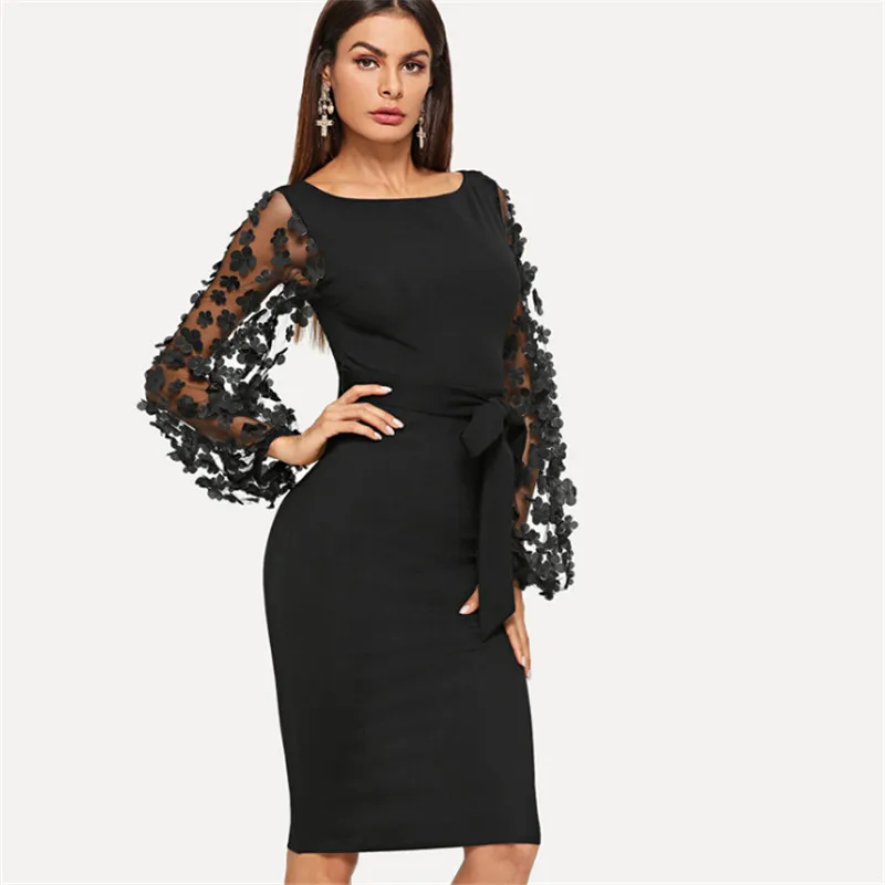 

Black Party Elegant Flower Applique Contrast Mesh Sleeve Form Fitting Belted Solid Dress Autumn Women Streetwear Dresses