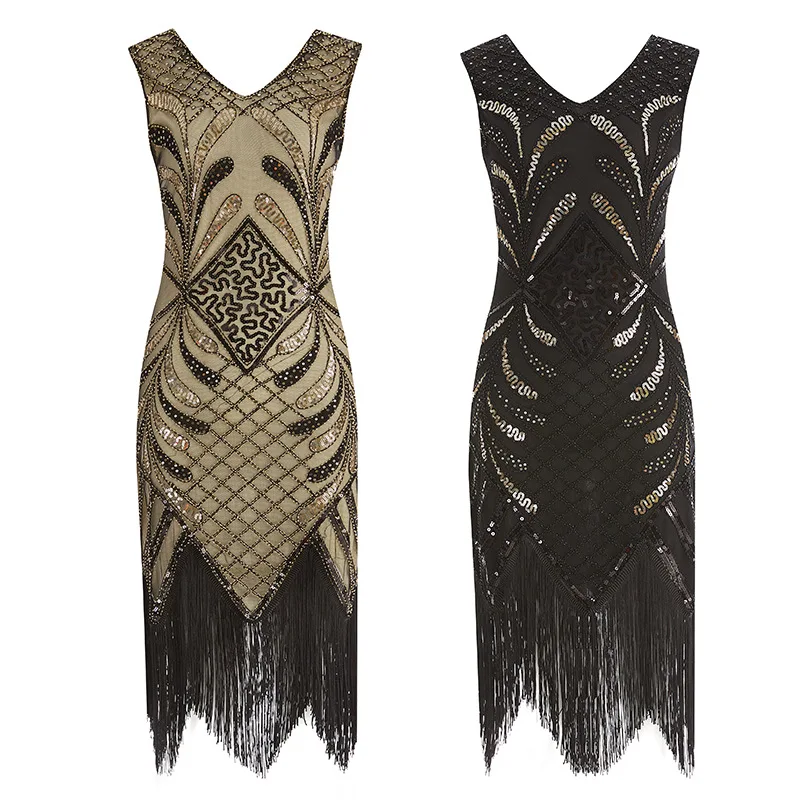 Online 2019 frauen Party Kleid Robe Femme 1920s Great Gatsby Flapper Pailletten Fringe Midi Kleid Vestido Sommer Art Deco Retro dame Kleid