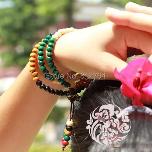 Fashion Lover Couple Jewelry 108pieces Of 5mm 6mm 8mm Bohemian Colorful Wooden Beads Tibetan Silver Buddha Chram Malas Bracelets | Украшения