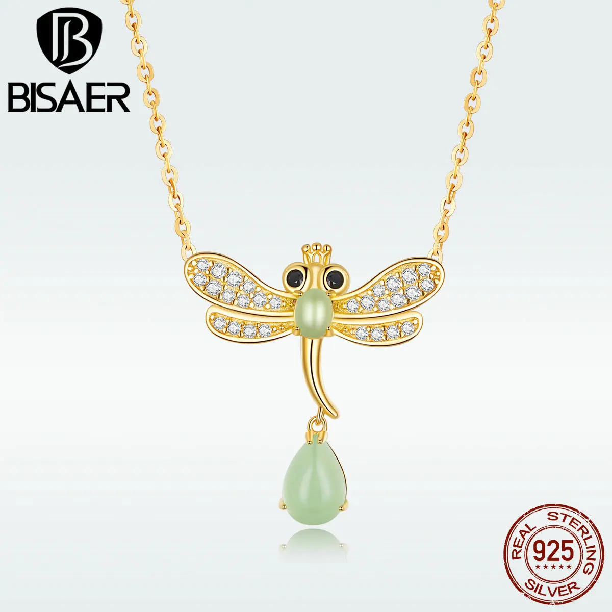 

BISAER New Necklace Gold Colored Dragonfly Crystal Gift For Women Real 925 Sterling Silver Summer Zircon Cool HVN061