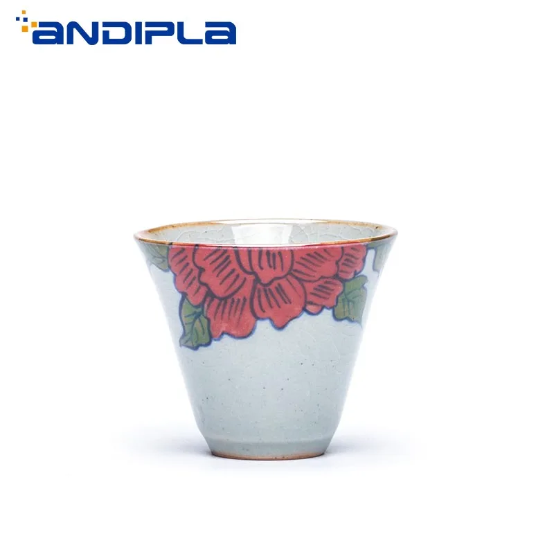 

55ml Vintage Crackle Glaze Hand Painted Peony Teacup Jingdezhen Ceramic Tea Sets Tea Cup Master Cup Tea Bowl Creative Home Decor