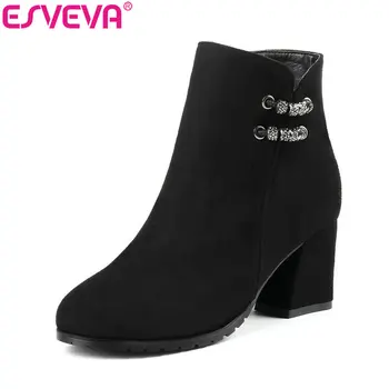 

ESVEVA 2019 Women Boots Appliques Zip Round Toe Square Heels Winter Shoes Ankle Boots Woman Western Style High heels Size 34-43