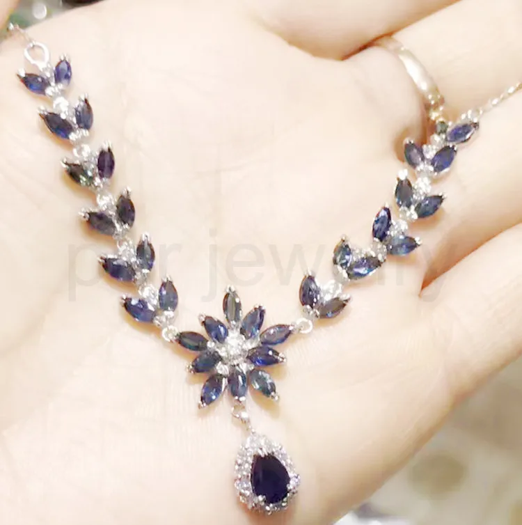 Натуральное Настоящее сапфировое ожерелье 925 Стерлинговое Серебро синие драгоценные камни женские ожерелья 0.13ct* 34 шт, 1.3ct* 1 шт драгоценный камень