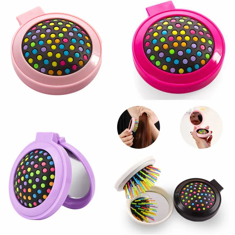 

NEW 1PC Portable Mini Folding Massage Comb Airbag Massage Round Travel Hair Brush With Mirror Cute Anti-static Rainbow Comb