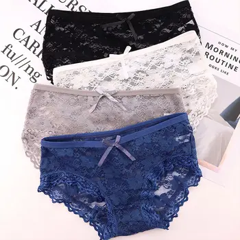 

Sexy Lace Briefs Women Breathable Transparent Low Waist Panty Thongs G-string Cotton Crotch Underwear Floral Hollow Bow Lingerie