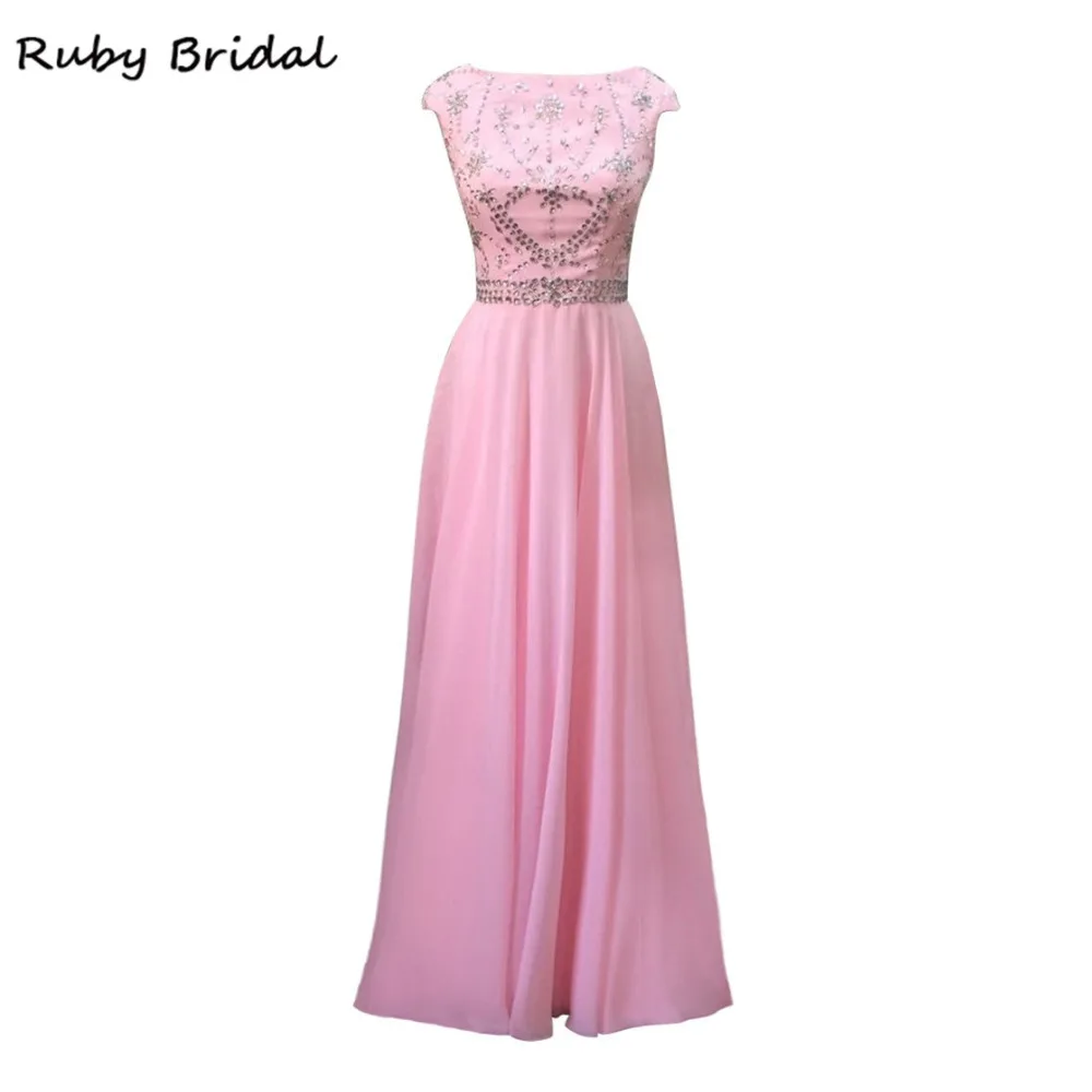 

Ruby Bridal 2017 Vestido De Festa Long A-line Evening Dresses Pink Gray Chiffon Beaded Elegant Cap Sleeves Party Prom Gown KE23
