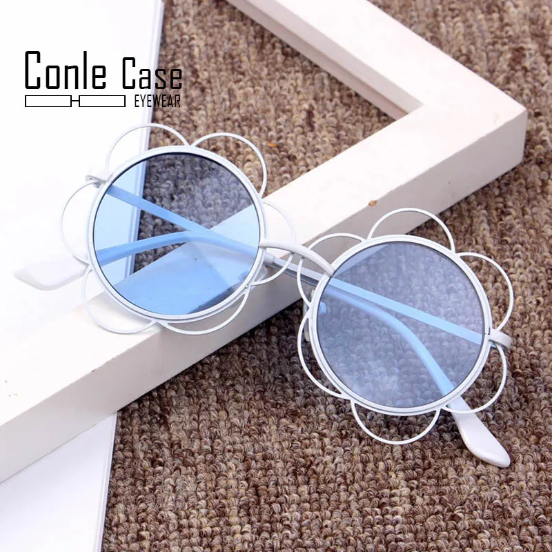 Conle Case, Корейская версия новых детских солнцезащитных очков, металлические маленькие цветы, детские солнцезащитные очки с защитой от УФ-лучей, цветные линзы - Цвет линз: WhiteBlue