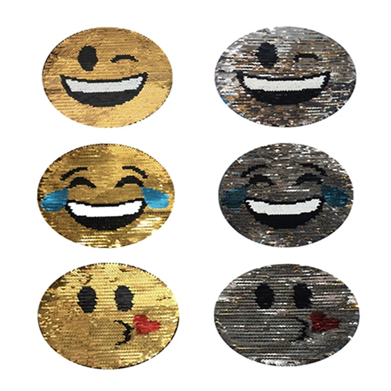 Sequined Emoji Patches Embroidery Mulity Smile Face Iron On Patches Punk Motif Applique DIY Clothes Accessory Stickers
