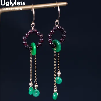 

Uglyless 100% Real 925 Sterling Silver Fine Jewelry for Women Jade Tassel Earrings Garnet Beads Circle Earrings Bohemia Brincos