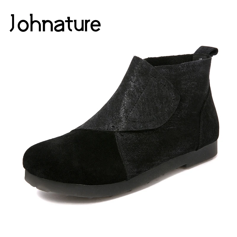 

Johnature 2019 New Autumn/Winter Round Toe Genuine Leather Retro Comfortable Sewing Flat Chelsea Boots Ankle Boots For Women