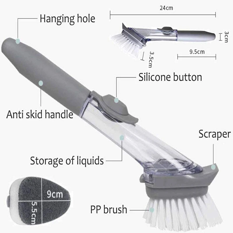 Съемные кухонные щетки с длинной ручкой, губка 2 в 1, автоматические жидкостные моющие щетки для посуды, 3 шт., чистящие кухонные губки, гаджеты