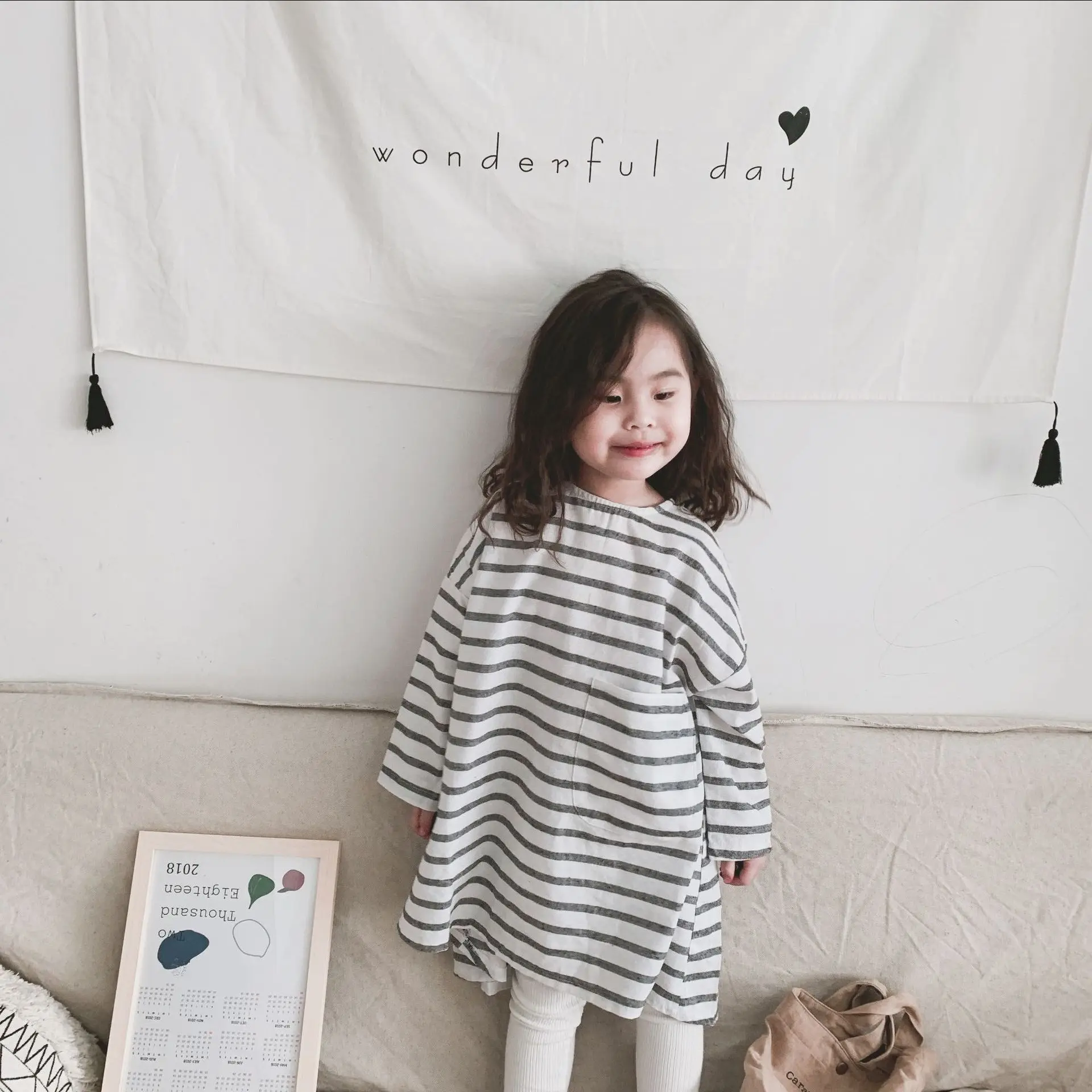 

Korean Spring Kids Girl Dress Linen Clothings Oversize Fashion Girl Striped Clothings Casual Clothes